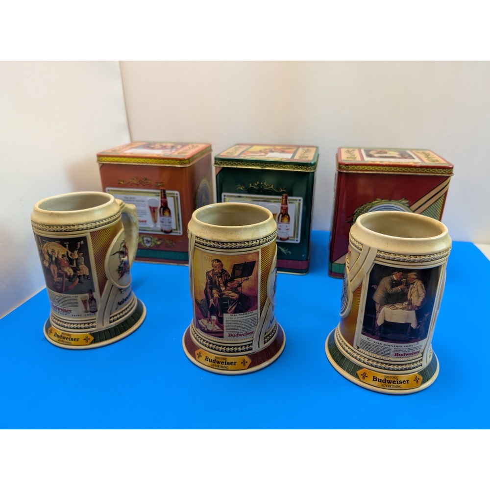 Budweiser COMPLETE SET Stein & Tin “The Historic BUDWEISER Advertising” Series